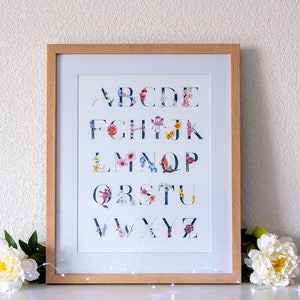 Affiche Alphabet Floral A3, Abécédaire de fleurs, illustration, poster, premier alphabet, aquarelle
