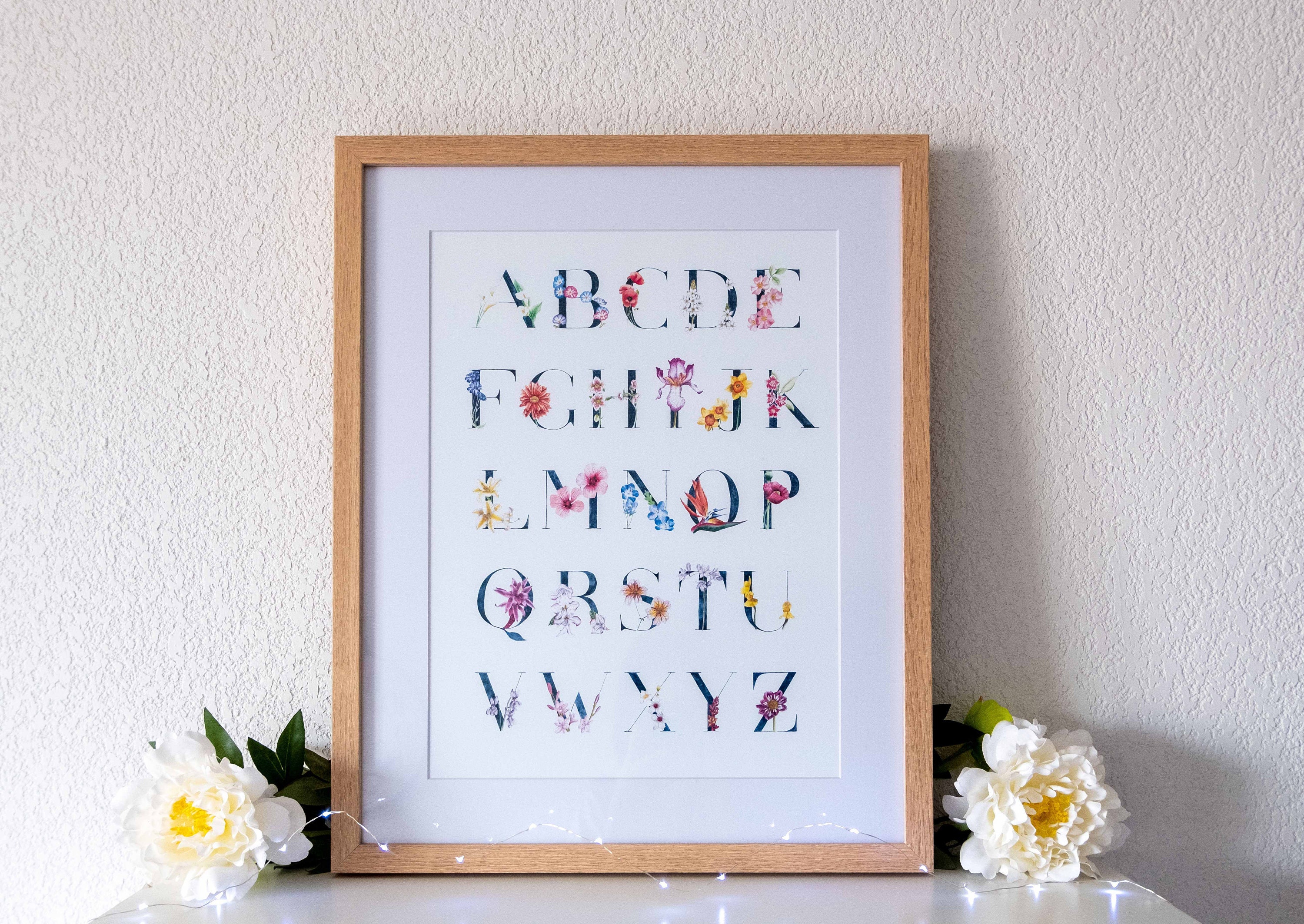 Affiche Alphabet Floral A3, Abécédaire de Fleurs, Illustration, Poster, Premier Alphabet, Aquarelle