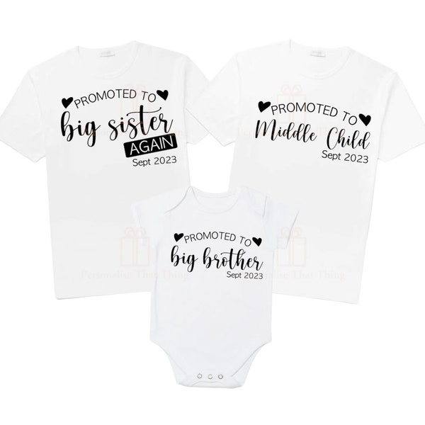 Personalised Promoted to Big sister brother middle child again Pregnancy announcement baby bodysuit outfit / t-shirt
