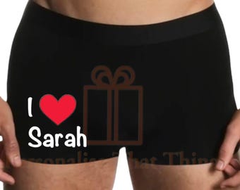 Personalised custom I love name men’s boxer trunks