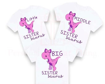 Dinosaurus groot/midden/zusje sistersaurus aankondiging T-shirt/baby onesie