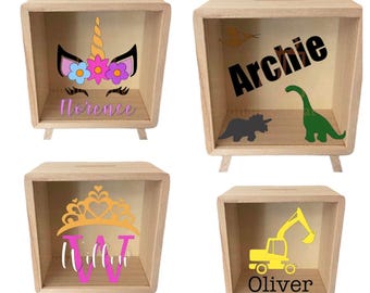 Personalised name wooden money box - Princess - dinosaur - unicorn - digger - sunflower - butterfly - concrete truck - race car - army