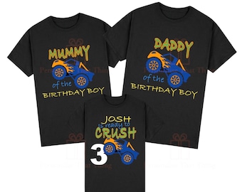 Camiseta personalizada com nome/número de monster truck, família, múmia/papai da festa de aniversário