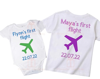 Personalised name first flight baby bodysuit outfit / tshirt