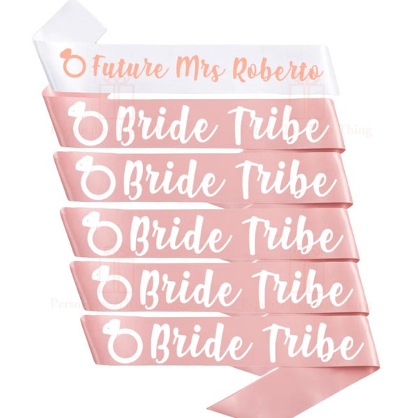 6x Personalised Future Mrs / Bride Tribe white & rose gold - Hen night Wedding sash