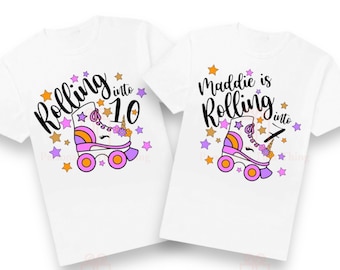 Rolling into personalised name unicorn rainbow birthday skate t-shirt