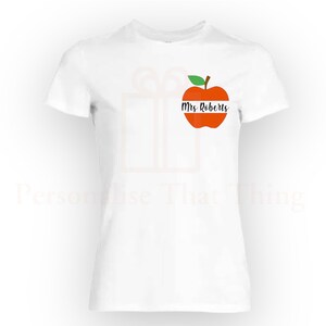 Personalised apple teachers name womens tshirt