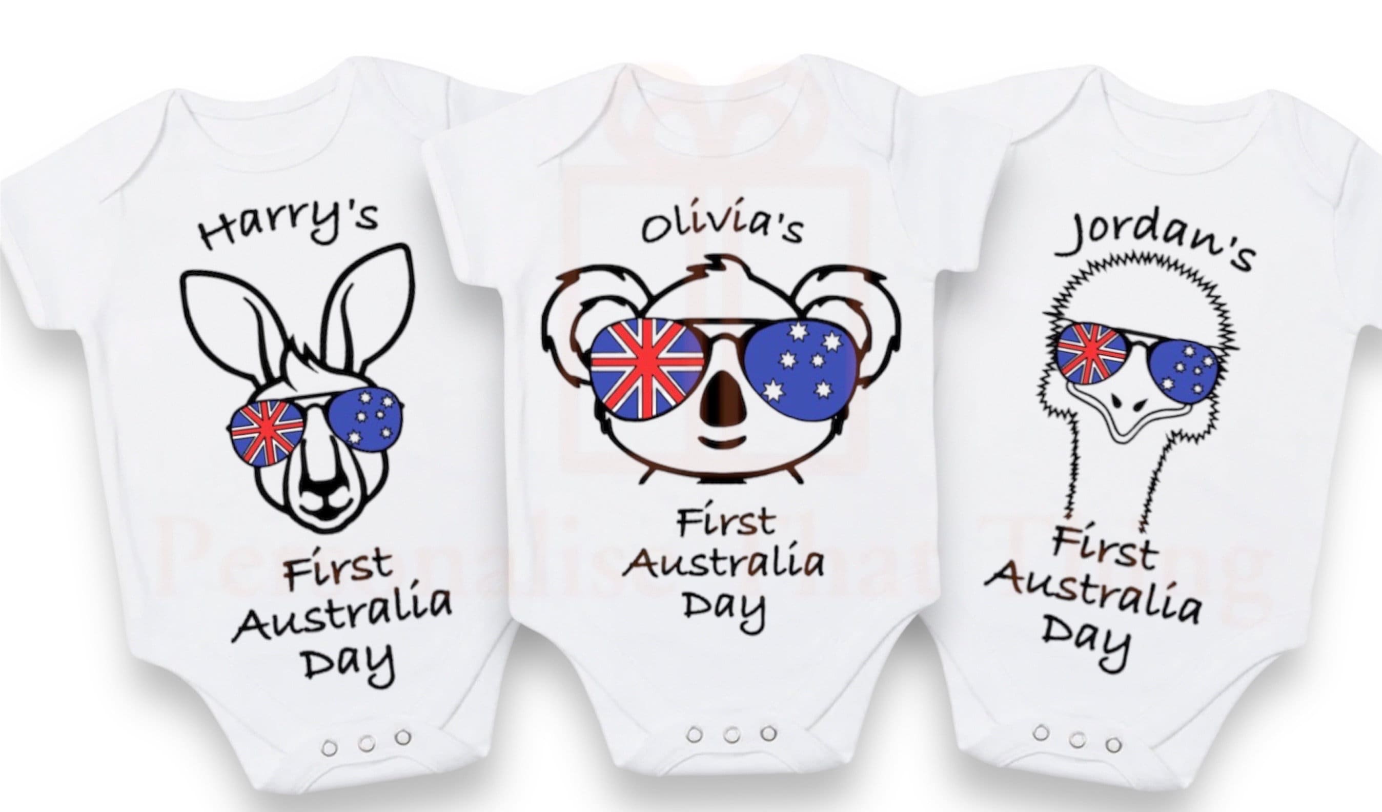 First Australia Day custom kangaroo koala or emu custom name baby onesie