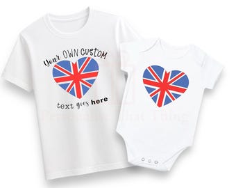 England Union Jack country flag heart tshirt men’s womens children’s baby bodysuits