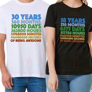 Years of being awesome custom age years months days hours seconds birthday party tshirt