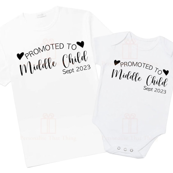 Personalised date Promoted to middle child Pregnancy announcement baby bodysuit outfit / t-shirt