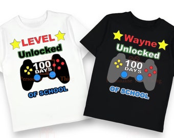 Level unlocked 100 days of school personalised name gaming t-shirt