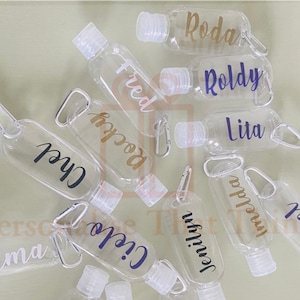 Personalised name refillable clear hand sanitiser hand bag bottle with clip