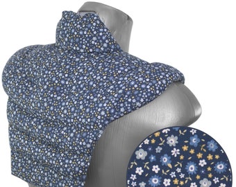 Coussin chauffant cervical maxi avec col montant et partie dorsale | fleurs bleues | nuque + épaules+ haut du dos | Différents remplissages