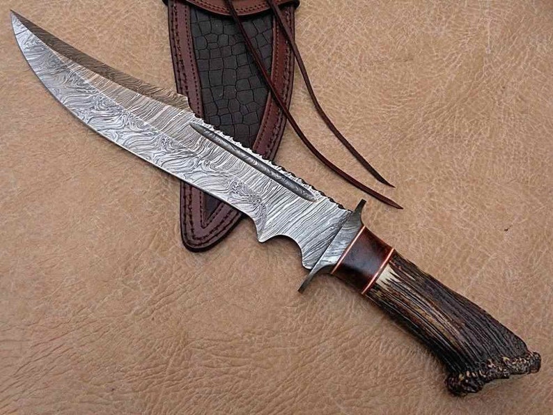 Handmade Damascus Steel Bowie Knife with shops Deer Stag !!!!