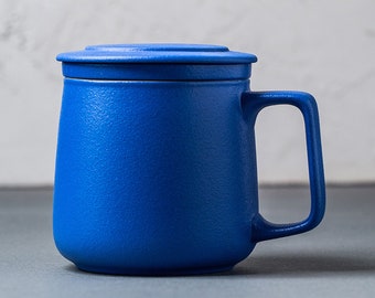 Ceramic Blue Tea Cup Infuser Mug with Lid and Infuser,7 OZ ,Tea-For-One