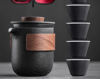 Théière en céramique avec tasses de 5 pcs, ensemble portatif de thé de voyage avec l’anneau anti-échaudage