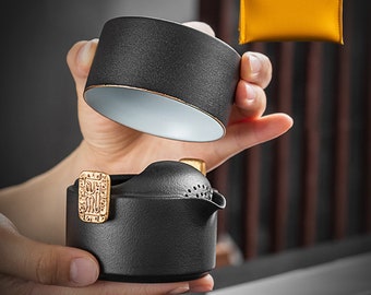 Svart keramisk teservis, bärbar Kung Fu-stil för en person, minimalistisk design med unik glasyr (1 kanna och 1 kopp)