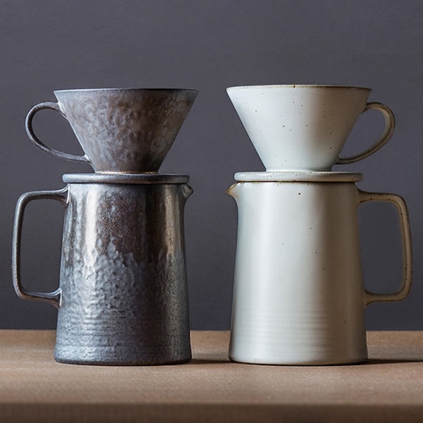 Pour Over Kaffeebereiter Set, Keramik Kaffeetropfer & Dekanter, V-Form Kaffeetropfer mit ringförmiger Ader Textur, Keramik glasiert 15 Unzen