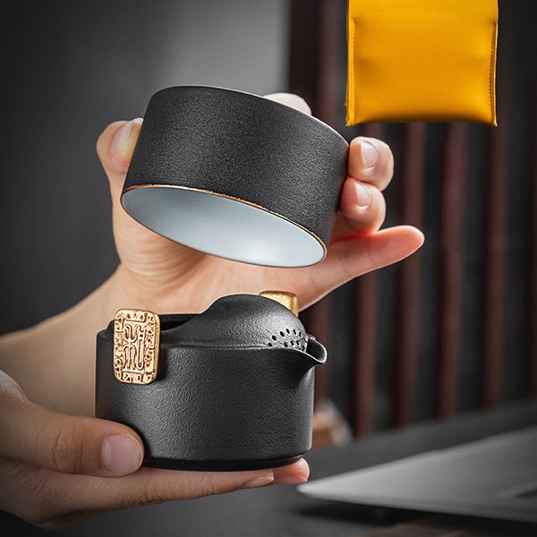 Black Ceramic Tea Set, Portable Kung Fu Style for One, Minimalist Design with Unique Glaze (1 Pot & 1 Cup)