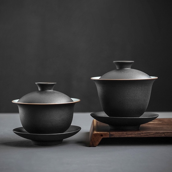 Ceramic Gaiwan Tea Bowl | Traditional Chinese Kung Fu Tea Set | Three-Piece Design | Matte Black | Two Styles Available