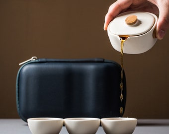 Portable Ceramic Tea Set for Travel - Mini 80ml Teapot, Three 20ml Teacups with Travel Bag - White Matte Glaze