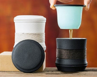 7oz Tragbare schwarze Keramik Teetasse mit Infuser und Deckel, Tea-for-One Set in Tragetasche für Reisen und Büro