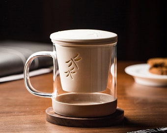 Glass Tea Cup with Ceramic Infuser and Lid, 320ml Tea Separation Mug with Dragonfly Cut-Out Design