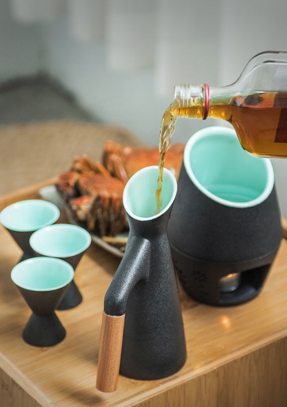 Sake Set and Cups With Warmer Keep Sake, Traditional Porcelain