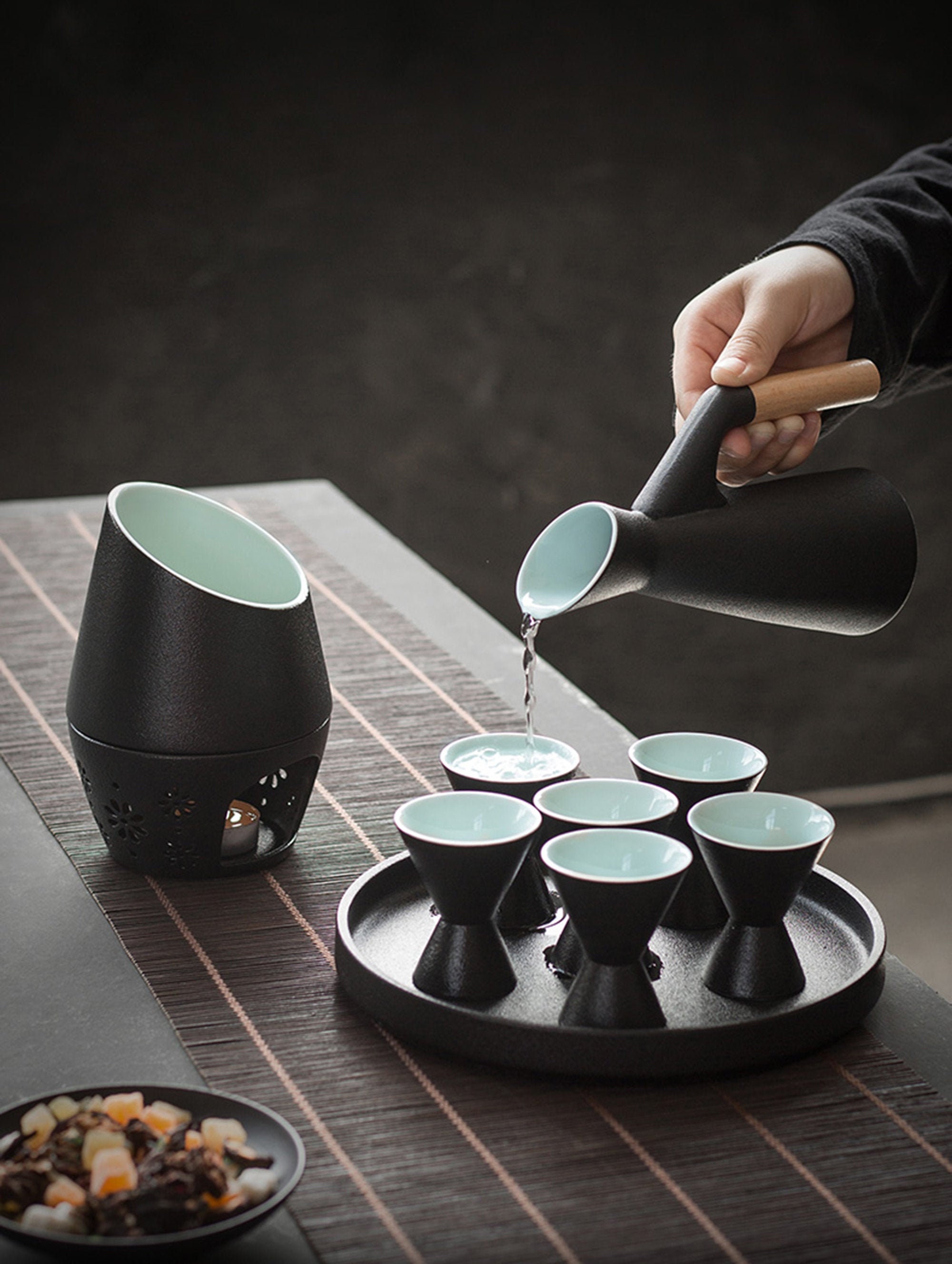 Sake Set and Cups With Warmer Keep Sake, Traditional Porcelain