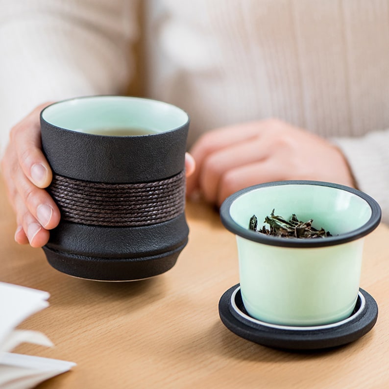 7oz Portable Black Ceramic Tea Cup With Infuser and Lid Etsy