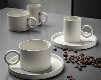 Ceramic Coffee Cup and Saucer Set with Unique Round Handle - Handcrafted Spotted Design, 4 Oz & 7 Oz, Microwave Safe