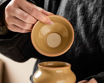 Passoire à thé en céramique | Filtre à feuilles de thé Kung Fu chinois traditionnel | Jaune four Ding
