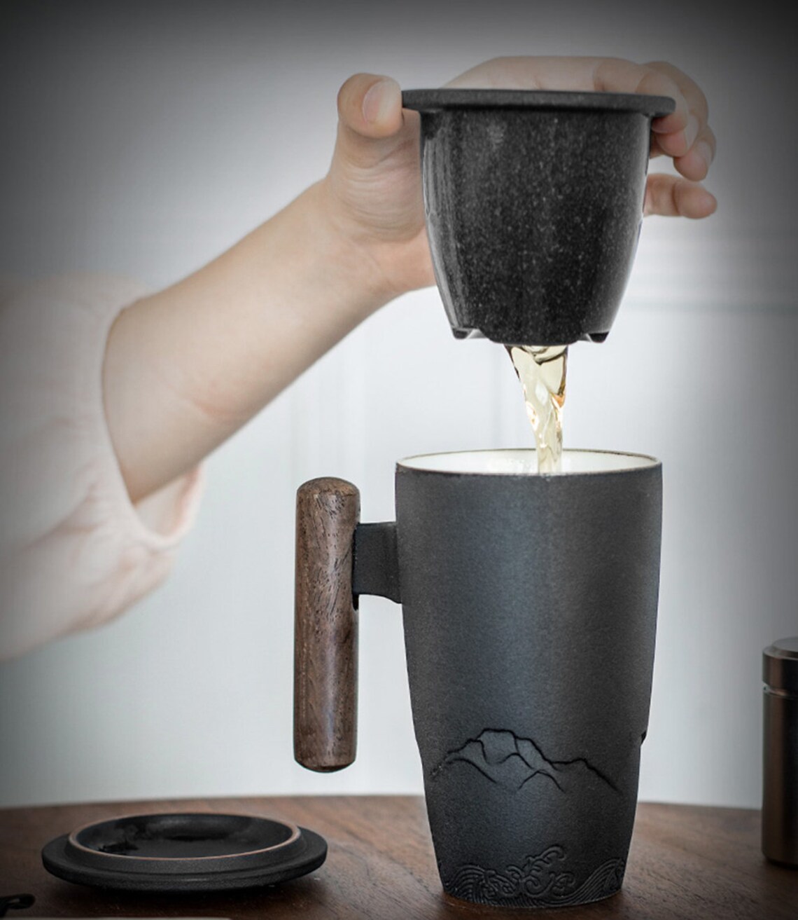 Ceramic black mug tea cup pot with Wooden handle in 2 Colors Etsy