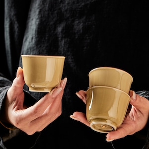 Ceramic Beige Tea Cups | Set of 3 | Kung Fu Tea Ceremony Essentials | 70ml