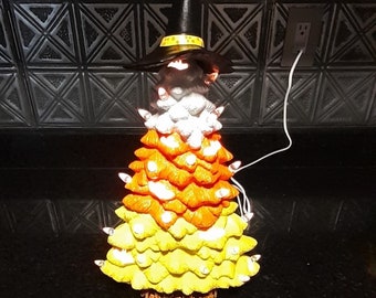 Ceramic Halloween Tree, Ceramic Christmas trees, Illuminated Halloween Decor, Halloween LED Candy Corn Decor, Witch Hat with Candy Corn