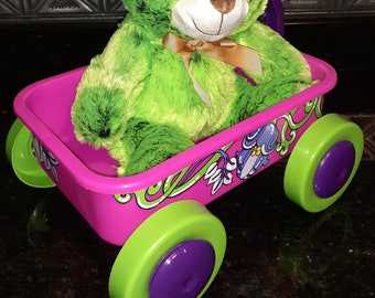 Childrens Toy Wagon with stuffed bear hand painted & personalized