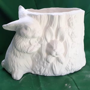 Bisque Bunny Planters, Bunny in Stump Pot, Paint Your own Bunny Pots, Mamma bunny and Kids Planter, Bunny Figurines
