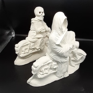 Bisque or PAINTED Halloween figurines, Skeleton on a Harley, Grim Reaper on a motorcycle, Paint your own bisque, Unpainted ceramics
