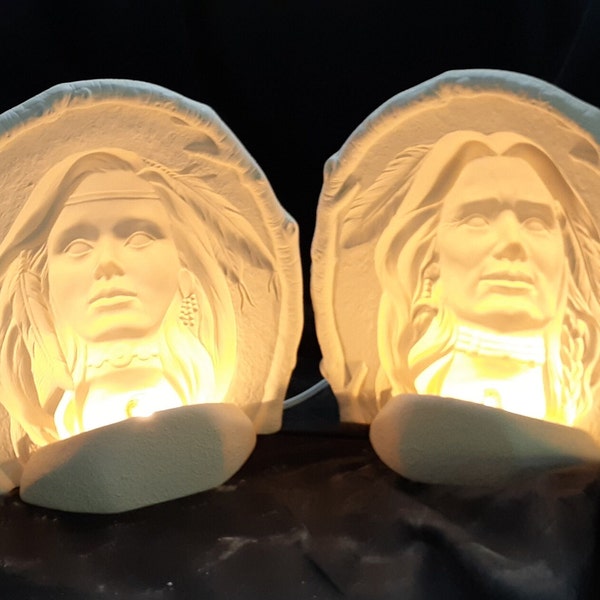 Bisque  Native American Figure Head Lamps, Native American Ceramic Night Lights