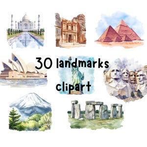 30 Watercolor World Landmarks Clipart Set, Iconic Monuments & Famous Buildings, High Quality 300 DPI Images, Travel Clipart Instant Download