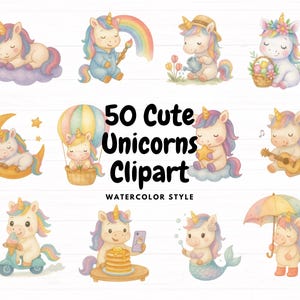 50 Cute Unicorns Clipart Bundle – Watercolor Style, Transparent Background, High-Quality PNGs, Unicorn PNG Bundle, Unicorn Clipart Images