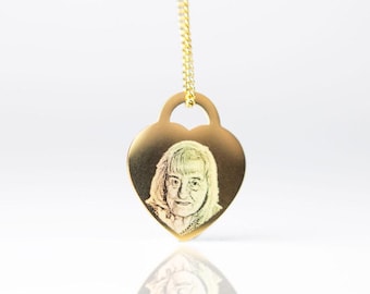 Gold Engraved Photo Heart Necklace | Personalized Memorial Keepsake