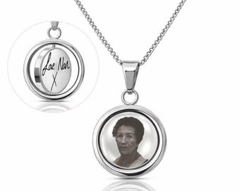 Silver Personalised Rotating Photo Necklace, Double Sided Engraved Pendant, Custom Picture Jewellery, Memorial Gift, Handwriting, Prints