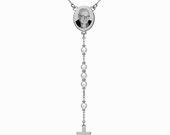 Silver Oval Custom Photo Engraved Rosary Beads Necklace