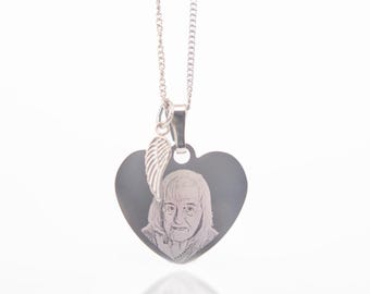 Angel Wing Engraved Photo Heart Necklace | Personalised photo necklace, handwriting engraving, memorial gift, grief necklace