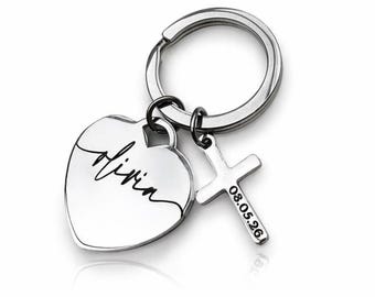 Personalised Heart and Cross Keyring – Name and Date Engraved Keepsake