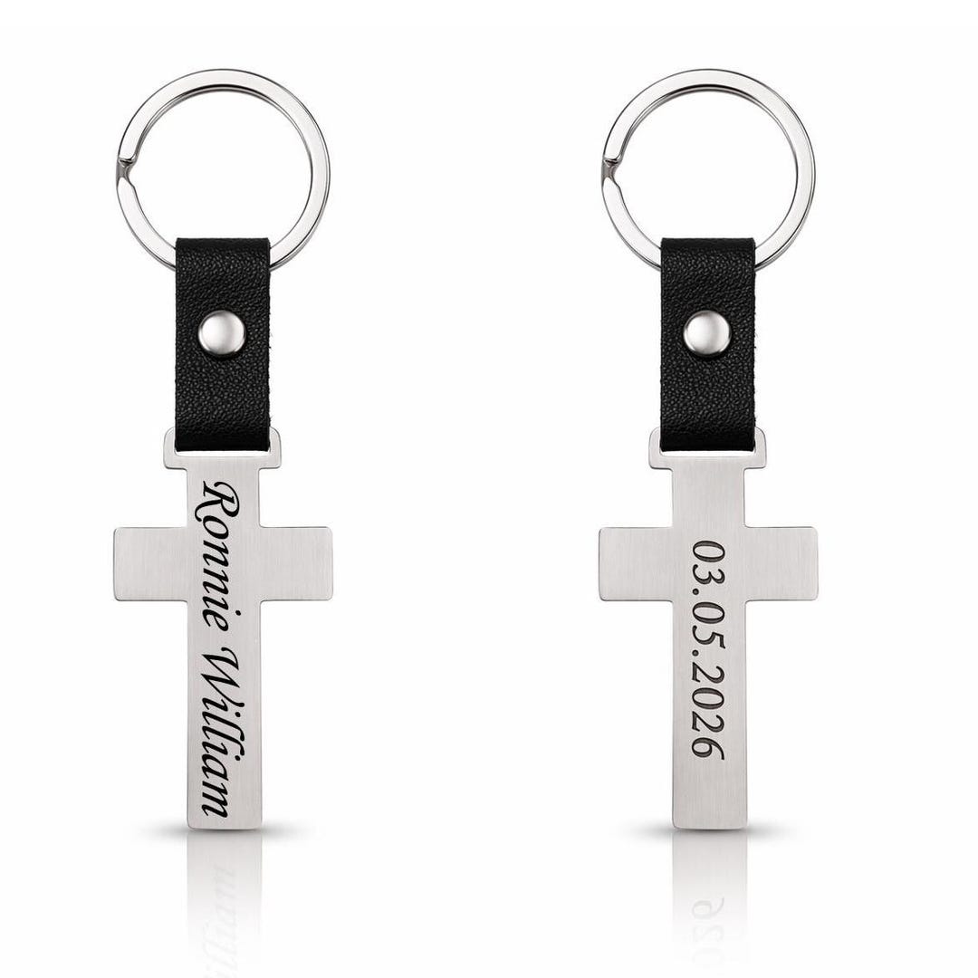 Personalised Cross Keyring With Name & Date Engraving - Etsy