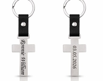 Personalised Cross Keyring with Name & Date Engraving