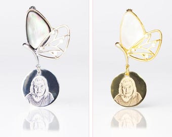 Photo engraved butterfly brooch, memorial pin, funeral badge